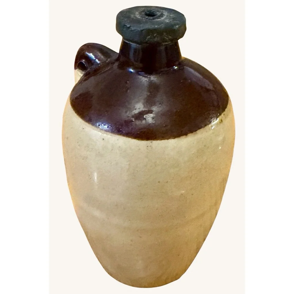 Vintage Miniature Stoneware Crock Jug 1940s Ceramic Metal Top 4.25